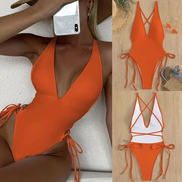 Traje de baño de una pieza con cordones: elegancia en trajes de baño