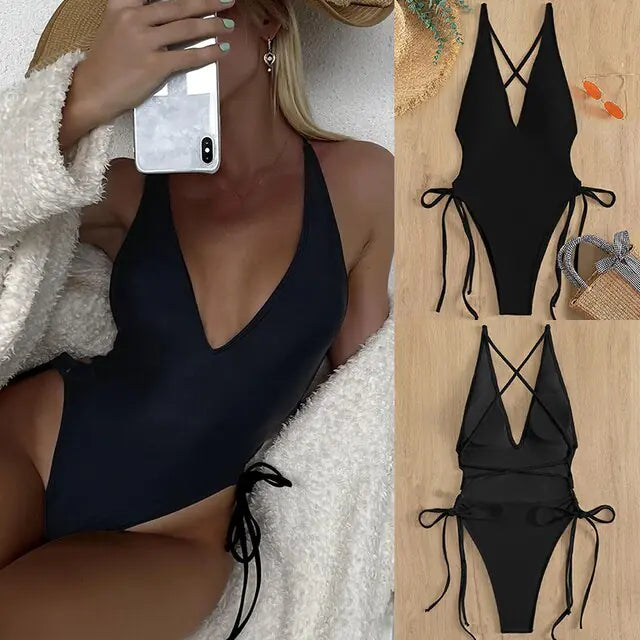 Traje de baño de una pieza con cordones: elegancia en trajes de baño