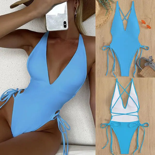 Traje de baño de una pieza con cordones: elegancia en trajes de baño