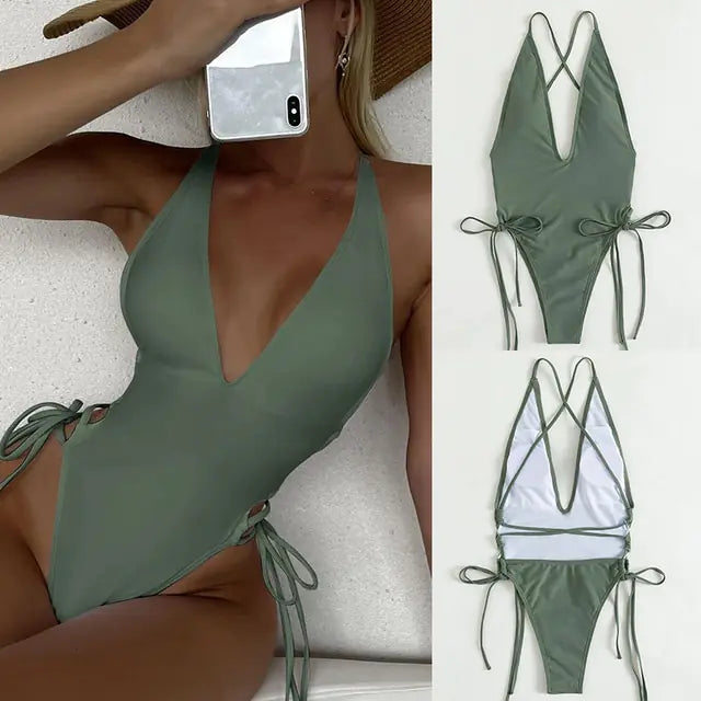 Traje de baño de una pieza con cordones: elegancia en trajes de baño