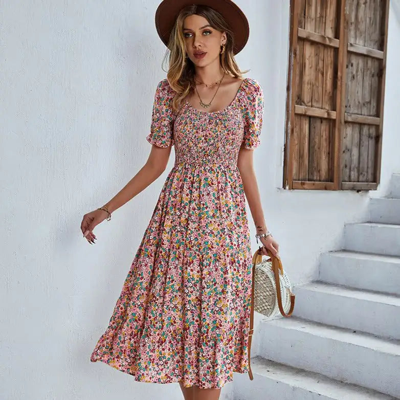 Vestido de playa con patchwork floral Manga ahumada Cuello en V Mini vestidos de manga larga