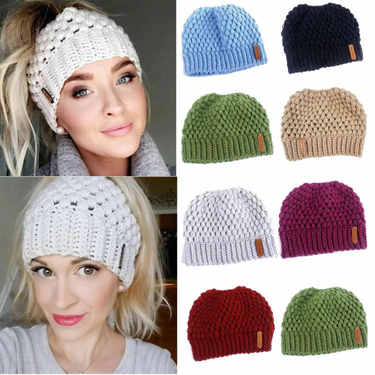 Gorros de cola de caballo de punto de invierno para mujer