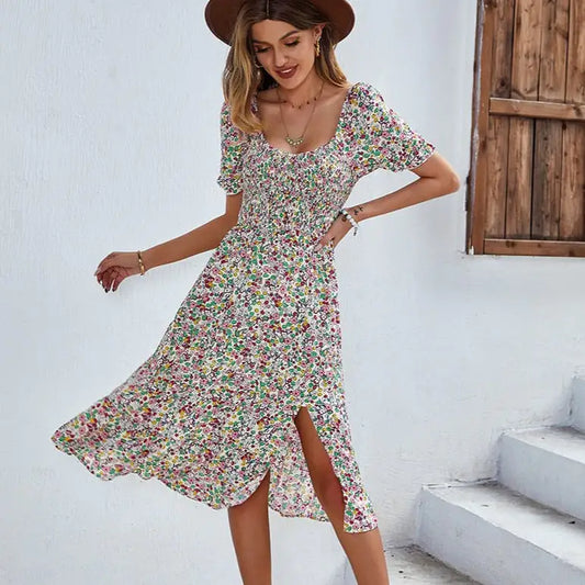 Robe de plage en patchwork floral, manches smockées, col en V, mini robes à manches longues