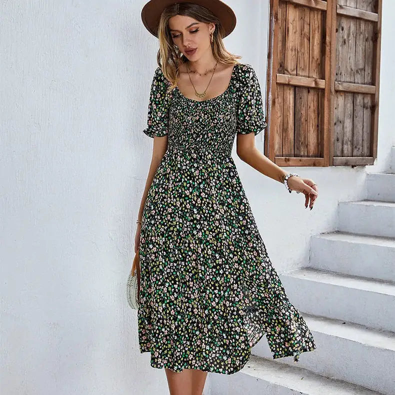 Vestido de playa con patchwork floral Manga ahumada Cuello en V Mini vestidos de manga larga