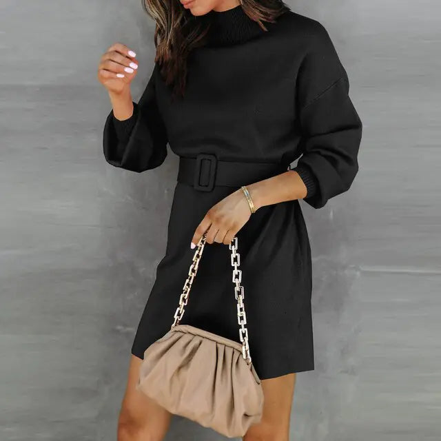 Elegante vestido suéter de cuello alto con cinturón