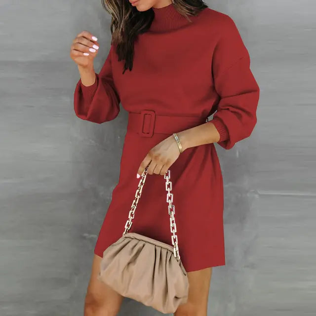 Elegante vestido suéter de cuello alto con cinturón