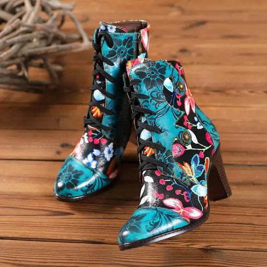 Armak2 - Botines de cuero con estampado floral vibrante para mujer