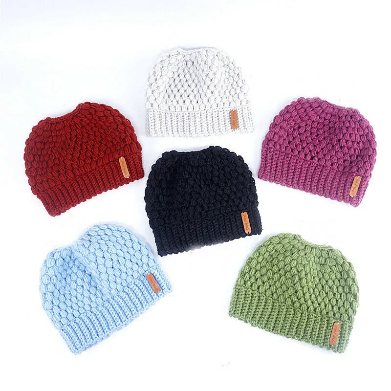 Gorros de cola de caballo de punto de invierno para mujer