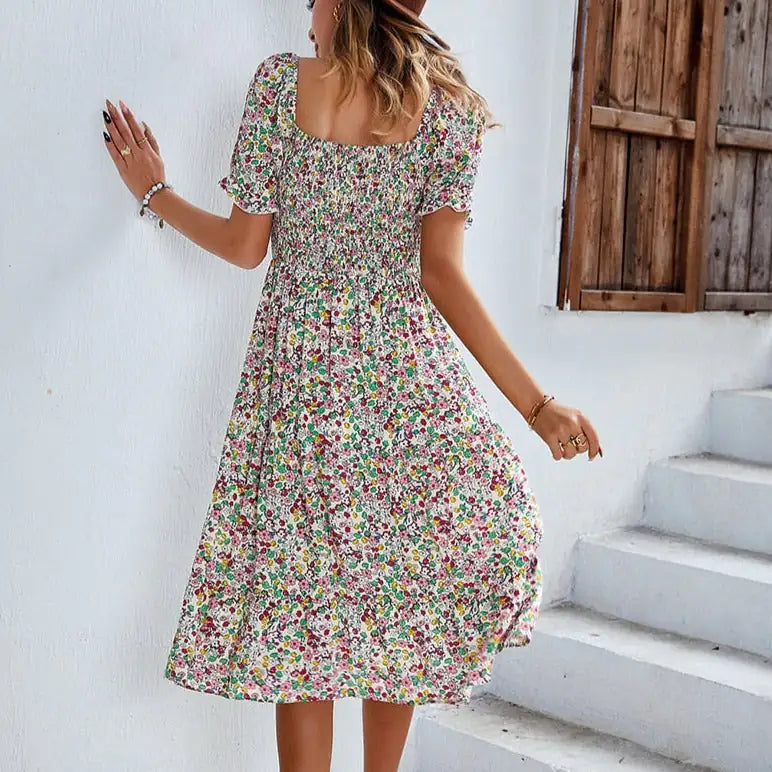 Vestido de playa con patchwork floral Manga ahumada Cuello en V Mini vestidos de manga larga