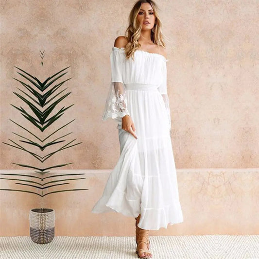 Vestido veraniego de encaje con hombros descubiertos bohemio